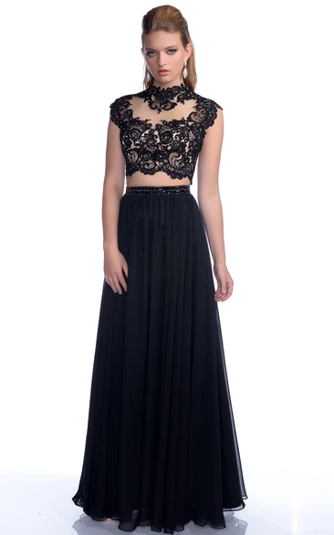 A-Line Pleated Chiffon Formal Dress with Cap Sleeves