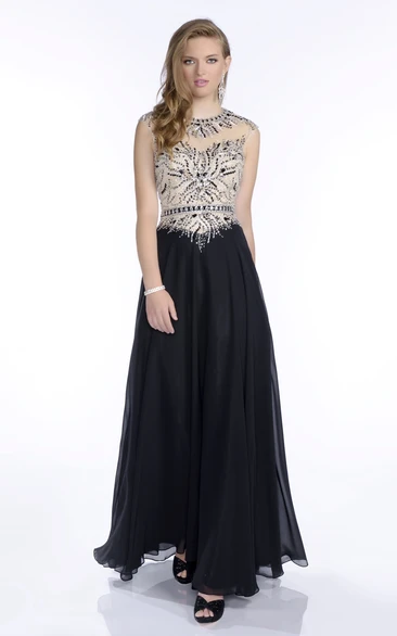 Beaded Bodice A-Line Chiffon Prom Dress with Keyhole Back and Pleats