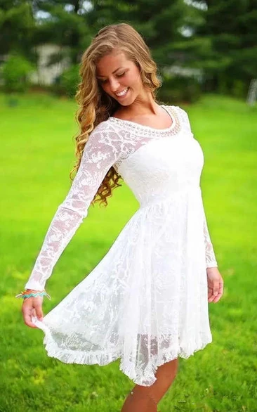 Classic Simple Lace Knee-Length Beach Wedding Dress with Beadings Casual Bridal Gown