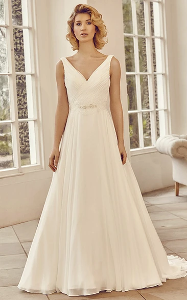 V-Neck Chiffon Wedding Dress with Criss-Cross Back and Court Train Elegant Bridal Gown