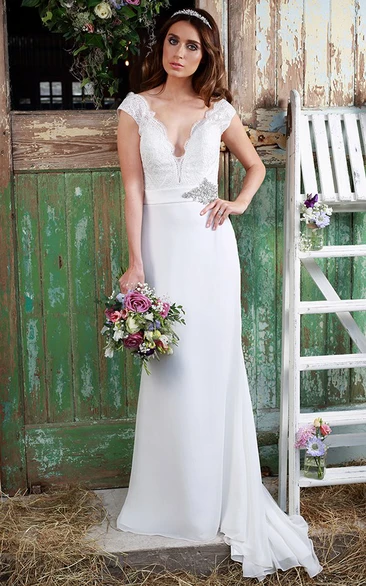 V-Neck Jeweled Satin&Chiffon Wedding Dress with Cap-Sleeves and Lace Sheath