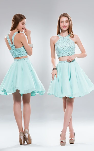 Two-Piece Chiffon Beaded Dress with A-Line Mini Skirt and Scoop Neck