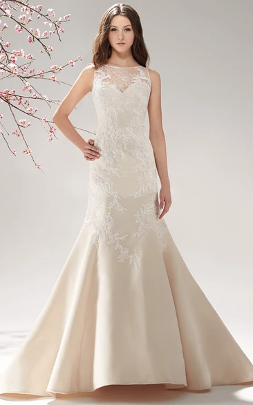 Trumpet Gown with Sleeveless Bateau-Neck Illusion Neck and Appliques