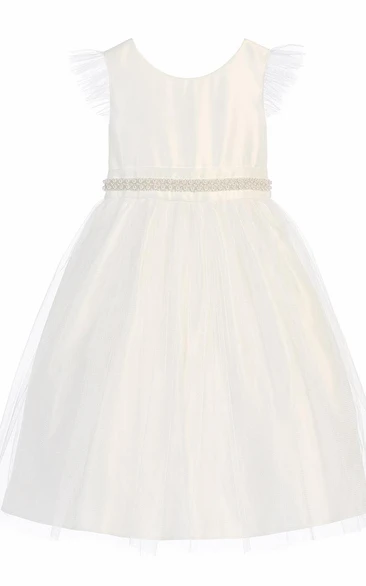 Beaded Tulle Tea-Length Flower Girl Dress Elegant Wedding Dress 2024