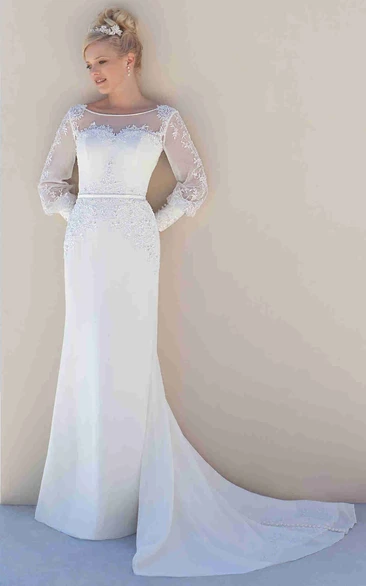 Chiffon Sheath Wedding Dress with Puff Sleeves and Court Train Unique Bridal Gown