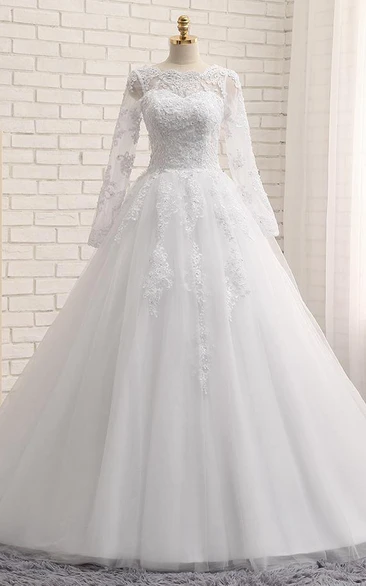 Jewel Long Sleeve Lace Appliques Tulle Dress Modern A-Line Bridal Gown