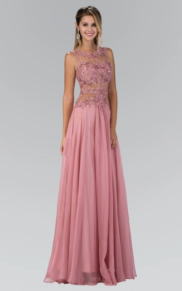 Sleeveless Chiffon Illusion Bridesmaid Dress with Beading and Pleats in A-Line Style