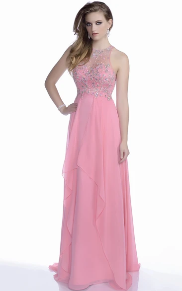 Draped Chiffon Cap Sleeve Prom Dress with Beaded Bodice and Flowy Skirt