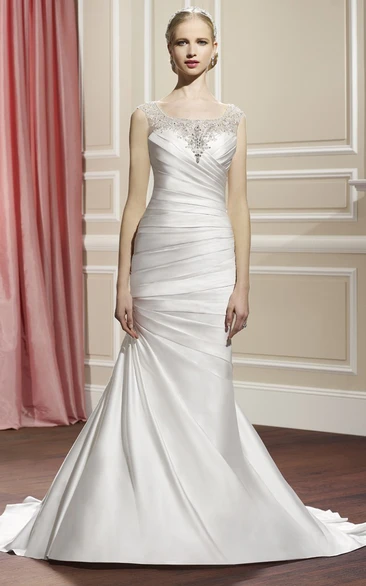 Satin Sheath Sleeveless Wedding Dress with Side Draping and Illusion Back