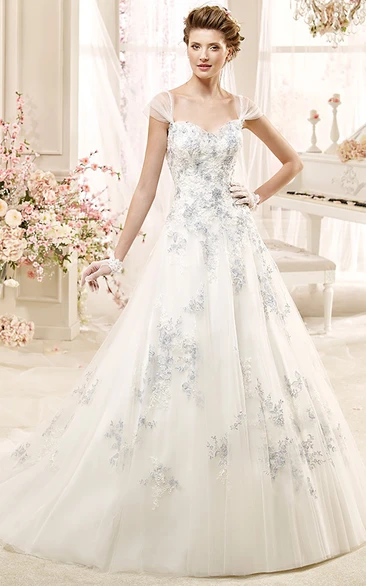 Sweetheart A-line Wedding Dress with Beaded Flowers and Brush Train Romantic Wedding Dress