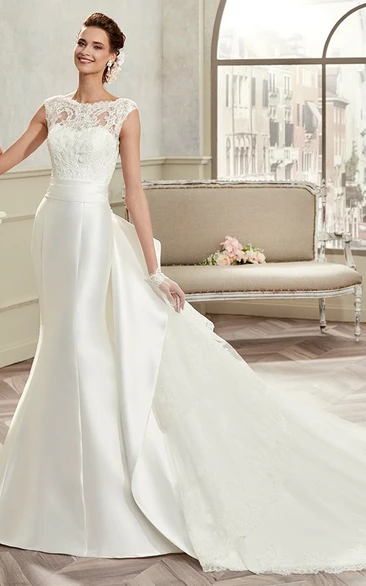 Satin Wedding Dress with Detachable Train Back Bow and Cap Sleeves