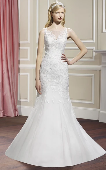 Lace Mermaid Sleeveless Wedding Dress with Court Train and Illusion Back