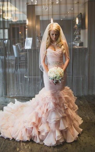 Peach mermaid wedding dress hotsell