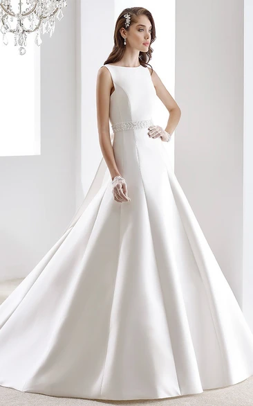 Satin Wedding Dress with Beaded Belt and One-Strap Back Jewel-neck Elegant 2024