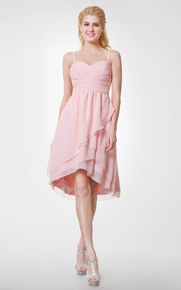 High Low Chiffon Bridesmaid Dress Sweetheart and Spaghetti Straps