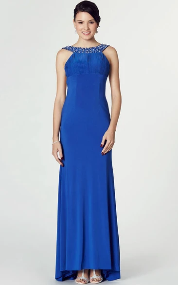 Beaded Sleeveless High-Low Jersey Prom Dress with Scoop Neck and Brush Train