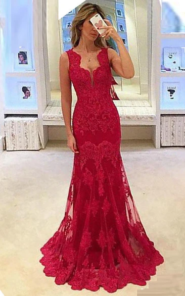 Long Sleeveless Mermaid Formal Dress with Lace Appliques