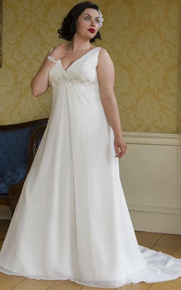 Empire V-Neck Lace-Up Wedding Dress with Train and Crystal Detail