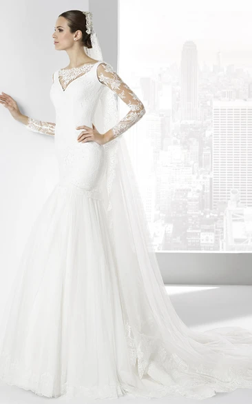 Bateau-Neck Long-Sleeve Lace Mermaid Wedding Dress with Illusion Elegant 2024 Women's Bridal Gown