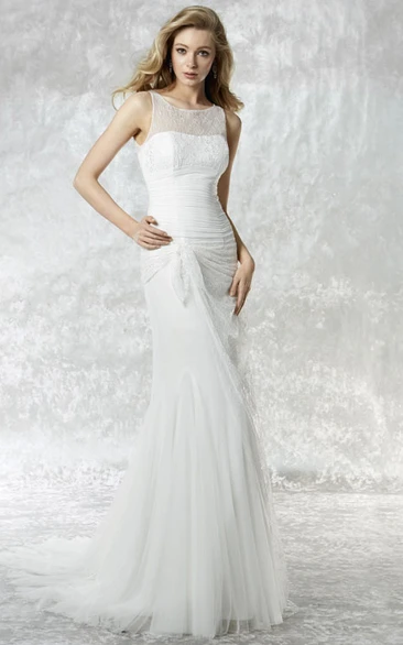 Sleeveless Tulle Sheath Wedding Dress with Long Lace and Illusion Back