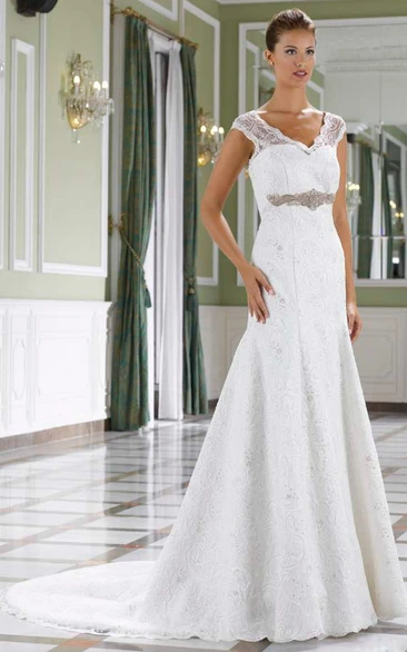 Jeweled V-Neck Lace Wedding Dress with Cap Sleeves and Court Train A-Line