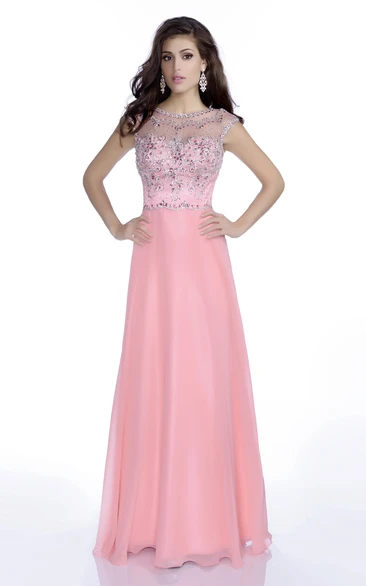 Rhinestone Bodice A-Line Chiffon Formal Dress with Cap Sleeves