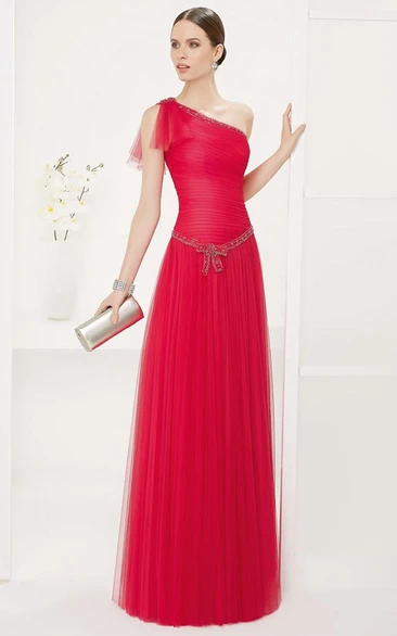 Asymmetric Tulle Prom Dress Crystal Neckline and Waist Country Formal Dress