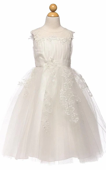 Embroidered Tulle Flower Girl Dress with Split Front Tea-Length