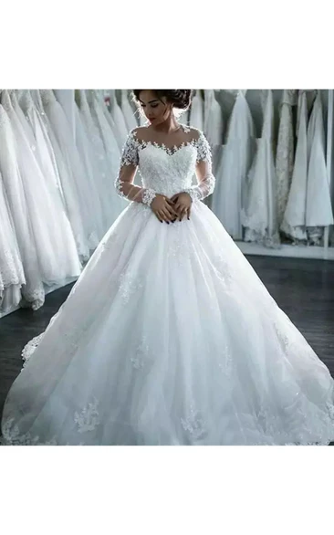 Illusion A-Line Lace Tulle Wedding Dress with Jewel Neckline