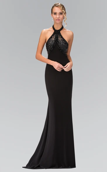 Halter Backless Jersey Sheath Prom Dress with Beading