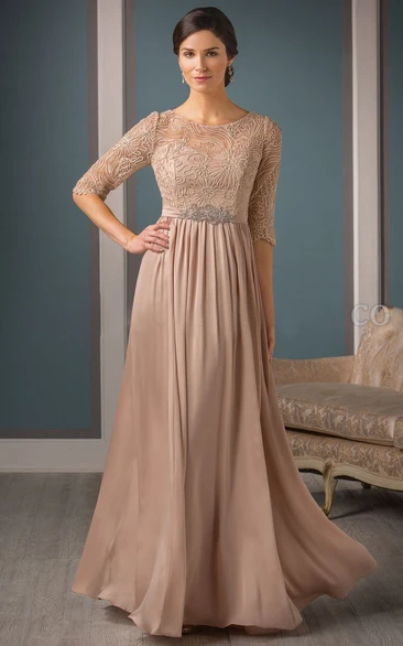 A-Line Pleated Long Mother Of The Bride Dress with Half Sleeves
