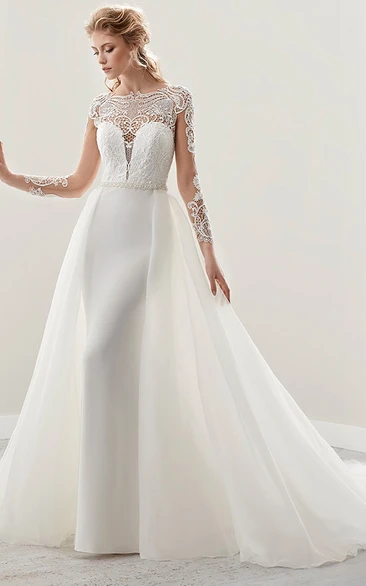 Long-Sleeve Jewel-Neck Wedding Dress with Detachable Train and Pearl Belt Illusion Elegant Women