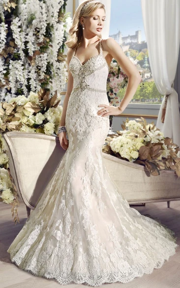 Beaded Lace V-Back Wedding Dress Long Straps Court Train