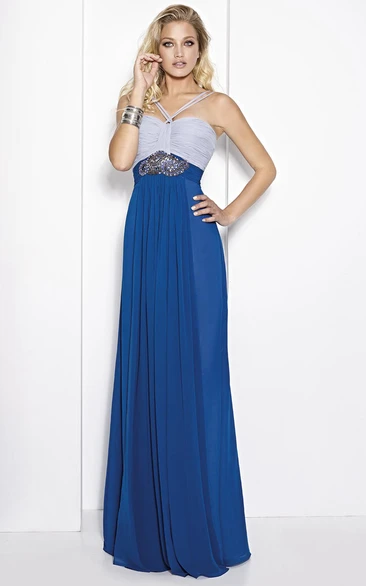 Chiffon Spaghetti Sheath Ruched Floor-Length Sleeveless Prom Dress with Waist Jewellery Flowy Prom Dress 2024