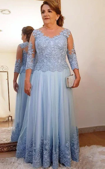Ethereal Lace A Line Mother of the Bride Dress with Appliques 3/4 Sleeve Floor-length