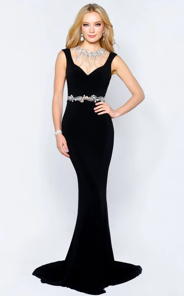 Jewel-Neck Trumpet Formal Dress with Jersey Illusion and Waist Jewelry