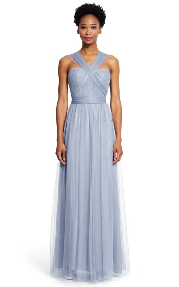 A-Line Ruched Tulle Bridesmaid Dress with Sash Maxi Sleeveless