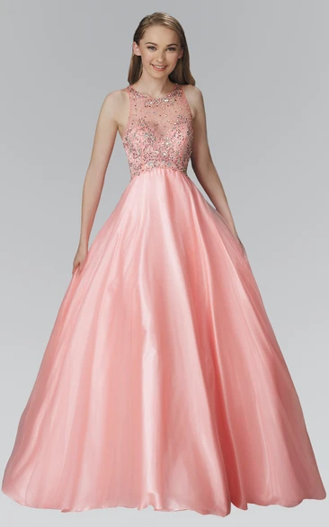 Satin Illusion Ball Gown Sleeveless Formal Dress with Beading