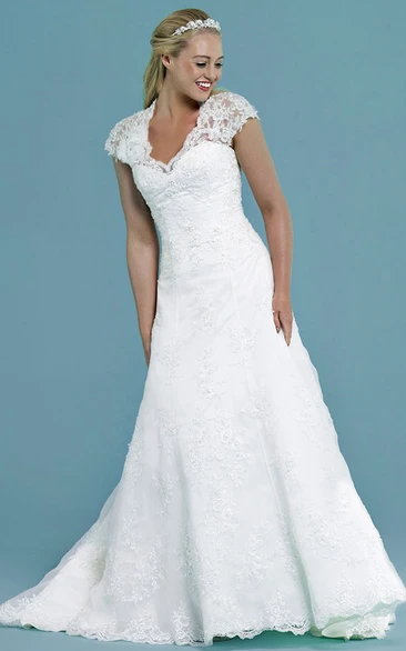 V-Neck Cap-Sleeve Lace Wedding Dress with Appliques
