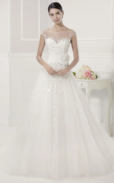 Off Shoulder Tulle Bridal Gown with Flower and Sash Empire