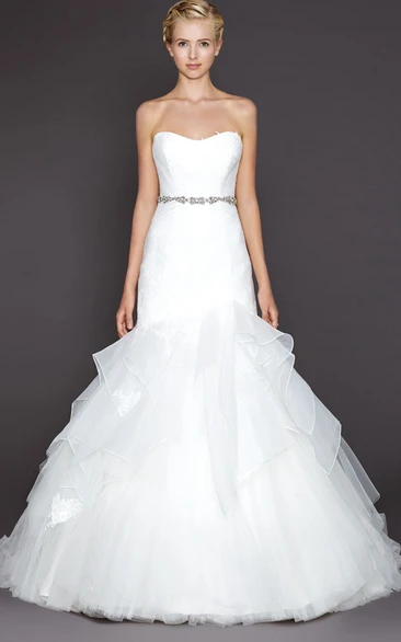 Jeweled Tulle Wedding Dress with Ruffles and Lace A-Line Strapless