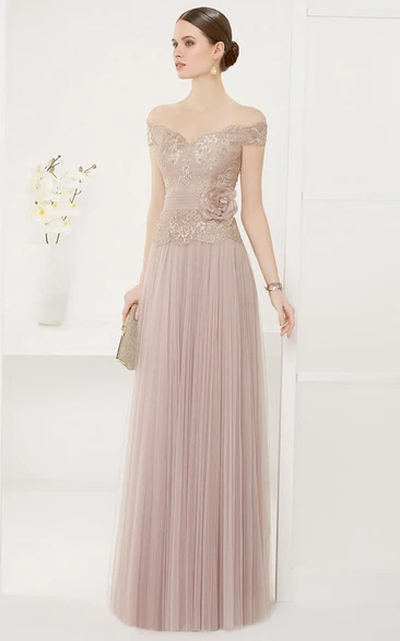 Lace Off-Shoulder A-Line Tulle Dress with Flower Sash