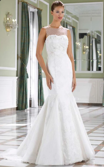 Sleeveless Lace Mermaid Wedding Dress with Illusion Back and Court Train Bateau