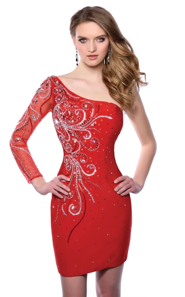 Illusion Sleeve Sheath Homecoming Dress with One-Shoulder Design Unique Homecoming Dress
