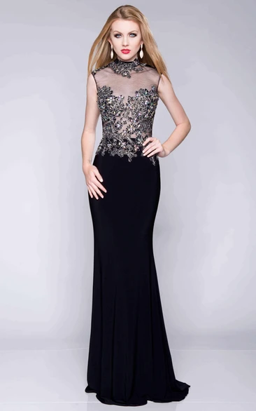 High Neck Sleeveless Jersey Prom Dress with Metallic Bodice Modern Column Dress