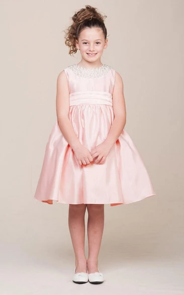 Satin Tiered Flower Girl Dress with Ribbon Tea-Length