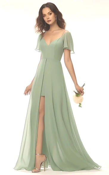 A-Line Chiffon V-neck Bridesmaid Dress with Split Front Modest & Unique