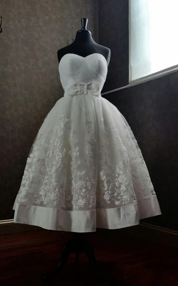 A-Line Tea-Length Wedding Dress with Applique and Bow Detail