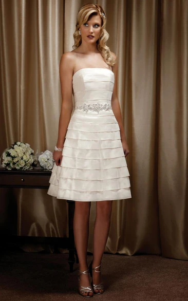 Short Jeweled Satin A-Line Wedding Dress with Tiers and Strapless Design