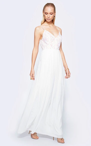 V-Back Spaghetti Lace Chiffon Wedding Dress in Ankle-Length